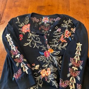 Johnny Was Black Top with Colorful Embroidery